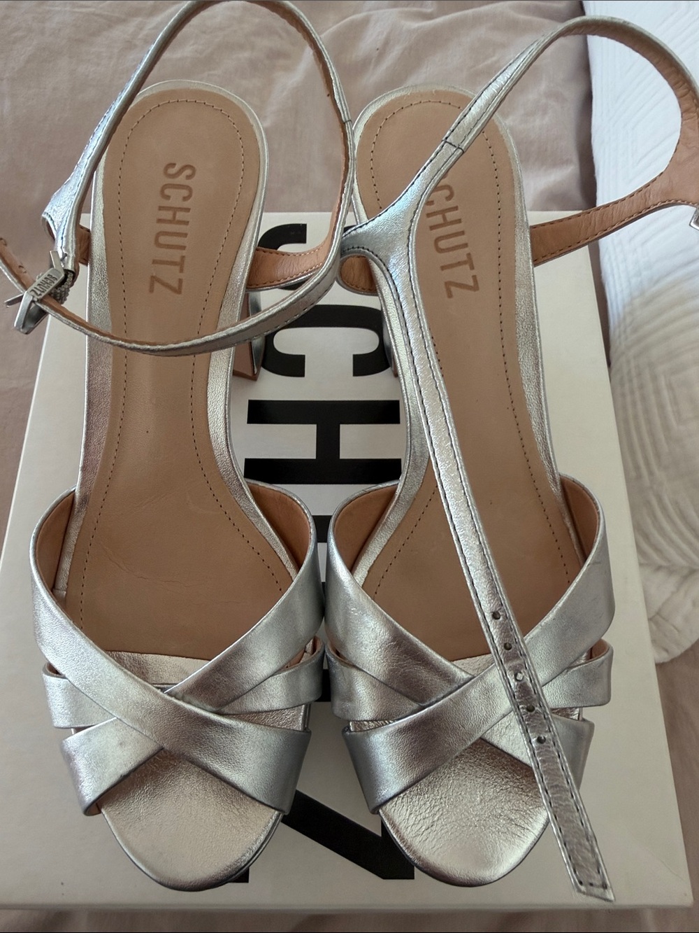SCHUTZ Metallic Silver Crisscross Slingback Heels